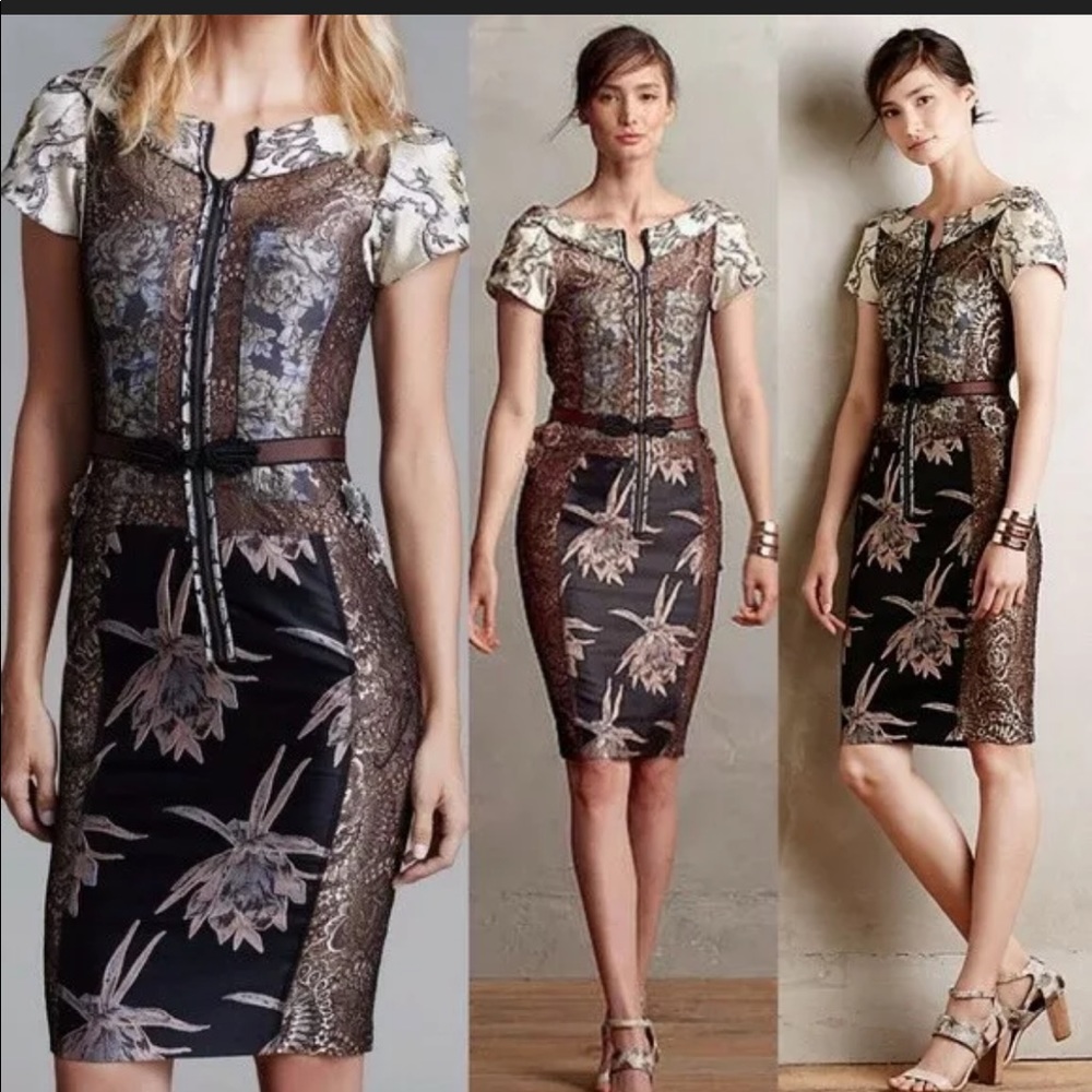 Byron Lars Black and Cream Floral Lace-Panel Midi Dress